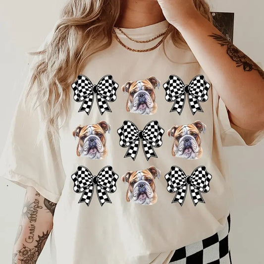 Checkered Bows & English Bulldogs Shirt ~ Unisex Apparel Relaxed Fit Printed In The USA Clothing Womenswear Casual Comfort Cotton
