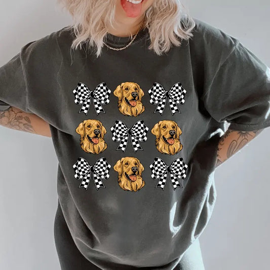 Checkered Bows & Golden Retriever Shirt ~ Unisex Apparel Relaxed Fit Printed In The USA Clothing Womenswear Casual Comfort Cotton