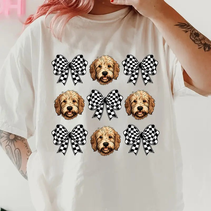 Checkered Bows & Goldendoodle Shirt ~ Unisex Apparel Relaxed Fit Printed In The USA Clothing Womenswear Casual Comfort Cotton