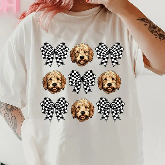 Checkered Bows & Goldendoodle Shirt ~ Unisex Apparel Relaxed Fit Printed In The USA Clothing Womenswear Casual Comfort Cotton