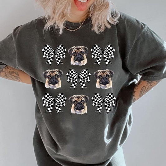 Checkered Bows & Pug Shirt ~ Unisex Apparel Relaxed Fit Printed In The USA Clothing Womenswear Casual Comfort Cotton Boho