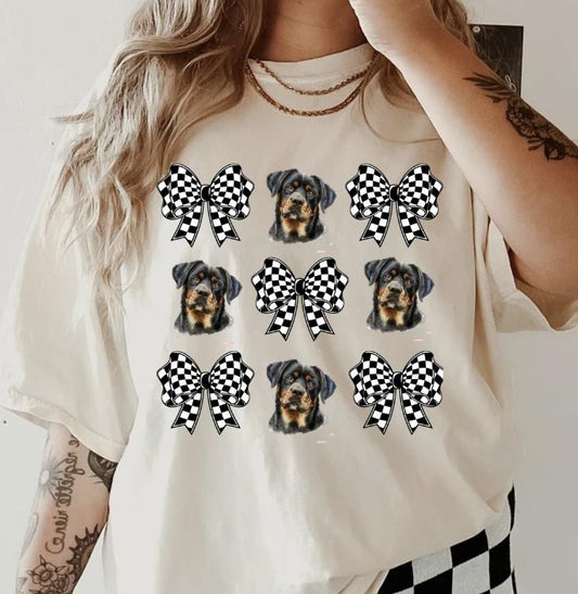 Checkered Bows & Rottweiler Shirt ~ Unisex Apparel Relaxed Fit Printed In The USA Clothing Womenswear Casual Comfort Cotton Boho