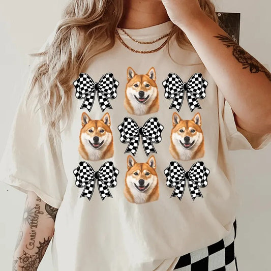 Checkered Bows & Shiba Inu Shirt ~ Unisex Apparel Relaxed Fit Printed In The USA Clothing Womenswear Casual Comfort Cotton Boho