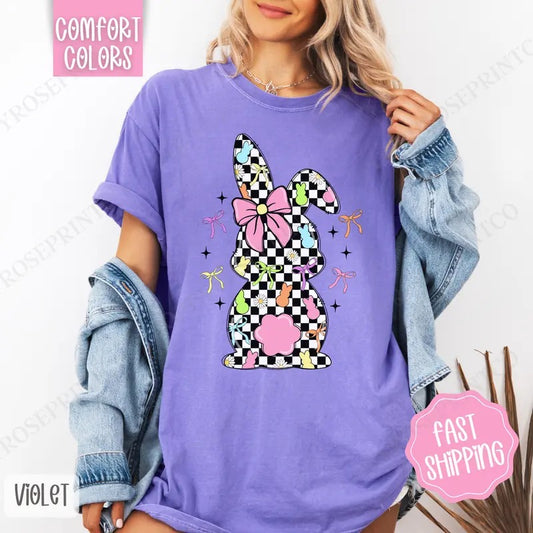 Checkered Bunny Shirt Comfort Colors, Easter Tshirt, Trendy Bunny Women's Tee, Gift for Her