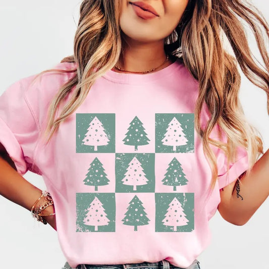 Checkered Christmas Trees Shirt~ Unisex Apparel Relaxed Fit Printed In The USA Clothing Womenswear Casual Comfort Cotton Top Athletic Boho Chic
