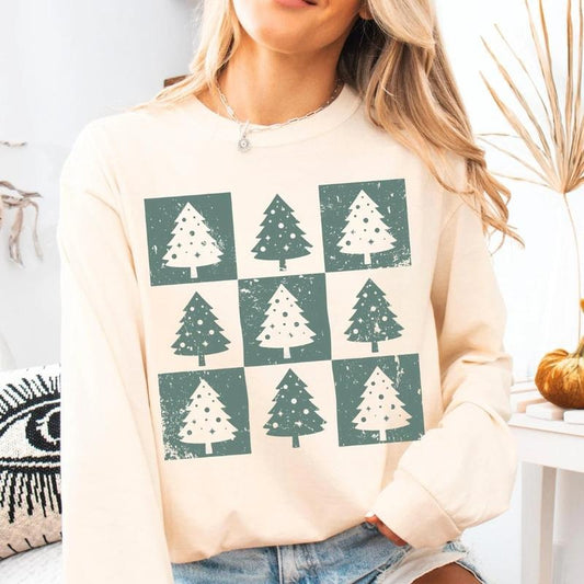 Checkered Christmas Trees Sweatshirt, Winter Graphic Sweatshirt Casual Cotton Polyester Oversized sweatshirt - Comfort Crewneck Menswear Womenswear
