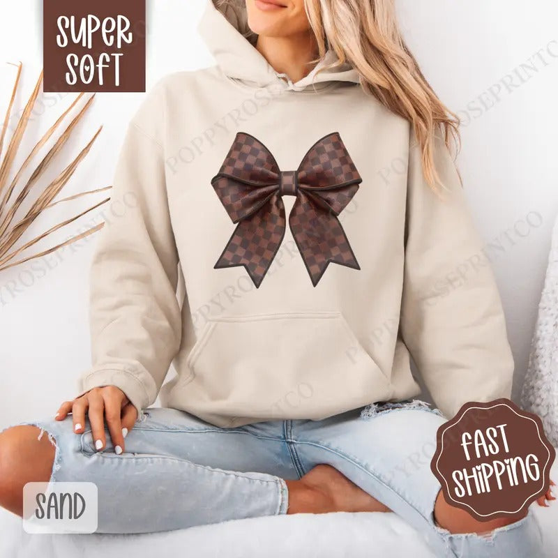 Checkered Coquette Bow Hoodie, Cute Women's Crewneck, Trendy Women's Hooded Sweater