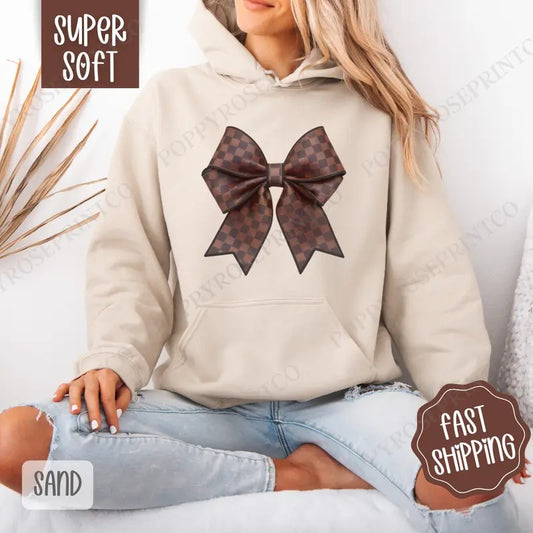 Checkered Coquette Bow Hoodie, Cute Women's Crewneck, Trendy Women's Hooded Sweater