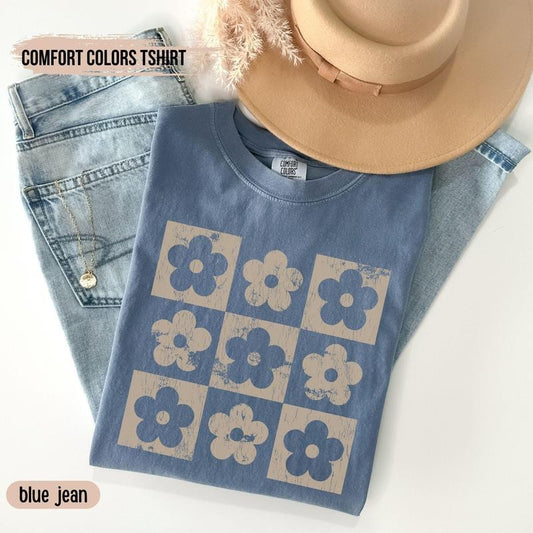 Checkered Flowers Shirt, Retro Flowers T-Shirt, Boho Floral Tee, Gift For Mom Spring T Shirt, Trendy Floral Tee, Retro Floral Sweatshirt
