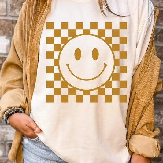 Checkered Pattern Smiley Shirt, Retro Smile Shirt, Trendy Smile Shirt, Happy Face Graphic, Lightning Smiley Shirt, Funny T Shirt Unisex Full Size Top Womenswear
