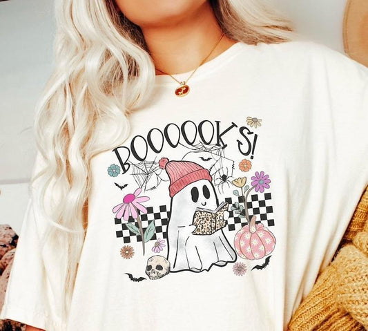 Checkered Retro Bookish Ghost Shirt, Halloween Ghost Reading Book TShirt, Rocker Halloween Bookworm Crewneck, Spooky Season
