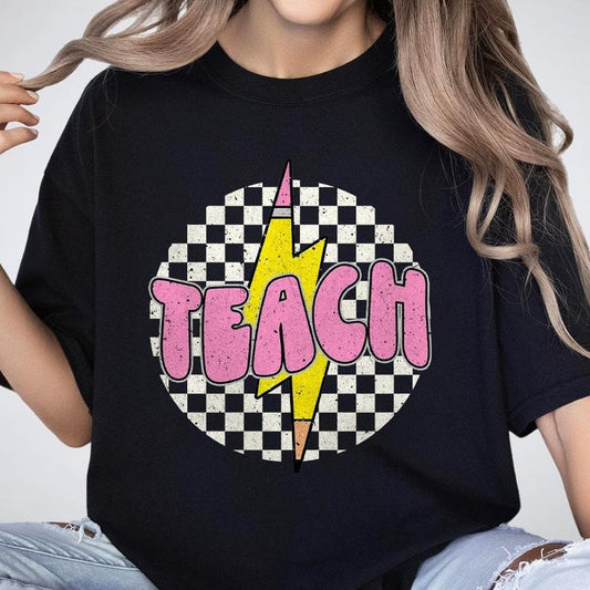 Checkered Teach Shirts, Pencil Lightning Shirt, Lightning Bolt Shirt, Teacher Appreciation Gifts, Shirt For Teacher, Retro Teacher T-shirt, Teacher Gifts, Women Shirt, Retro Shirt For Her, Women Tops, Checkerboard Teach T-shirt
