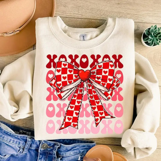 Checkered Valentine Coquette Heart Sweatshirt Retro Valentines , XOXO , Valentines Coquette , Love , Valentine's Day