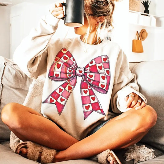 Checkered Valentine's Day Heart Shirt, Coquette Bow Crewneck, Retro Valentine Love Sweatshirt, Romantic Holiday Sweater