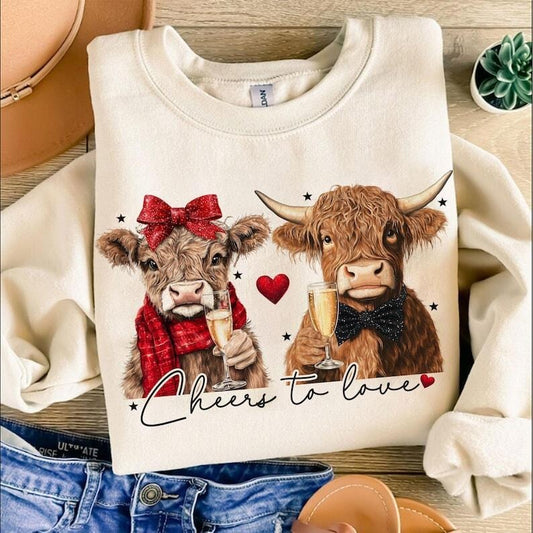 Cheers to love Highland Cow Valentine  Sweatshirt ,Coquette,Trending ,Girly Valentine