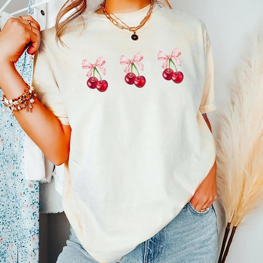 Cherry Bow Shirt, Pink Bow Coquette Shirt, Pink Ribbon Tops For Girl, Coquette Graphic Design T-shirt, Comfort Shirt, Soft Girl Era Tee, Cotton Fabric Tee For Women