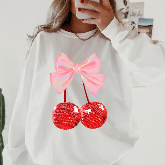 Cherry Disco Bow Graphic Valentines day Crewneck ~ Sweatshirt Unisex Apparel Relaxed Fit Printed in the USA Clothing Womenswear Casual and Comfortable