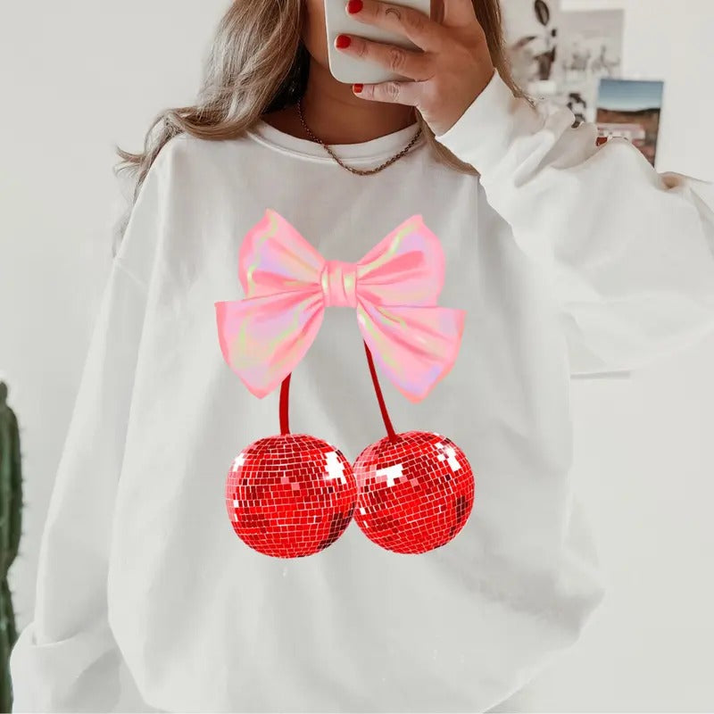 Cherry Disco Valentines day Crewneck ~ Sweatshirt Unisex Apparel Relaxed Fit Printed in the USA Clothing Womenswear Casual and Comfortable
