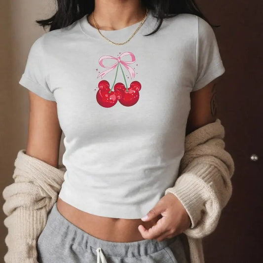 Cherry Mouse Coquette Baby Tee, Bow Womens Y2K 90s Shirt Princess Aesthetic Top, Trendy Casual Cotton Shortsleeve Sleeve