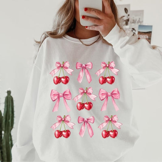 Cherry's and Bows Crewneck, Retro Cotton, Crewneck Fashion Fit Sleeve Comfortable Cute, CASUAL COTTON CREWNECK HOODIE, WOMENS SWEATSHIRT Womenswear Athletic Basic Day Long Sleeves Mama