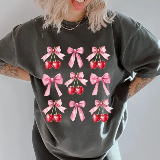 Cherry's and Bows Shirt ~ Unisex Apparel Relaxed Fit Printed In The USA Clothing Womenswear Casual Comfort Cotton Top Athletic Boho Chic