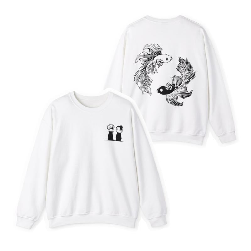 Chibi x Betta Fish Sweatshirt "Shinyuu" Best Friend Collection Ju Jutsu Kaisen Anime Manga Inspired Womens Mens Unisex Clothing Satoru Suguru JJK Casual Crewneck Graphic Menswear Cotton Fabric Soft Hoodie Long Sleeve Medium Thick Sweaters
