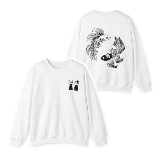 Chibi x Betta Fish Sweatshirt "Shinyuu" Best Friend Collection Ju Jutsu Kaisen Anime Manga Inspired Womens Mens Unisex Clothing Satoru Suguru JJK Casual Crewneck Graphic Menswear Cotton Fabric Soft Hoodie Long Sleeve Medium Thick Sweaters