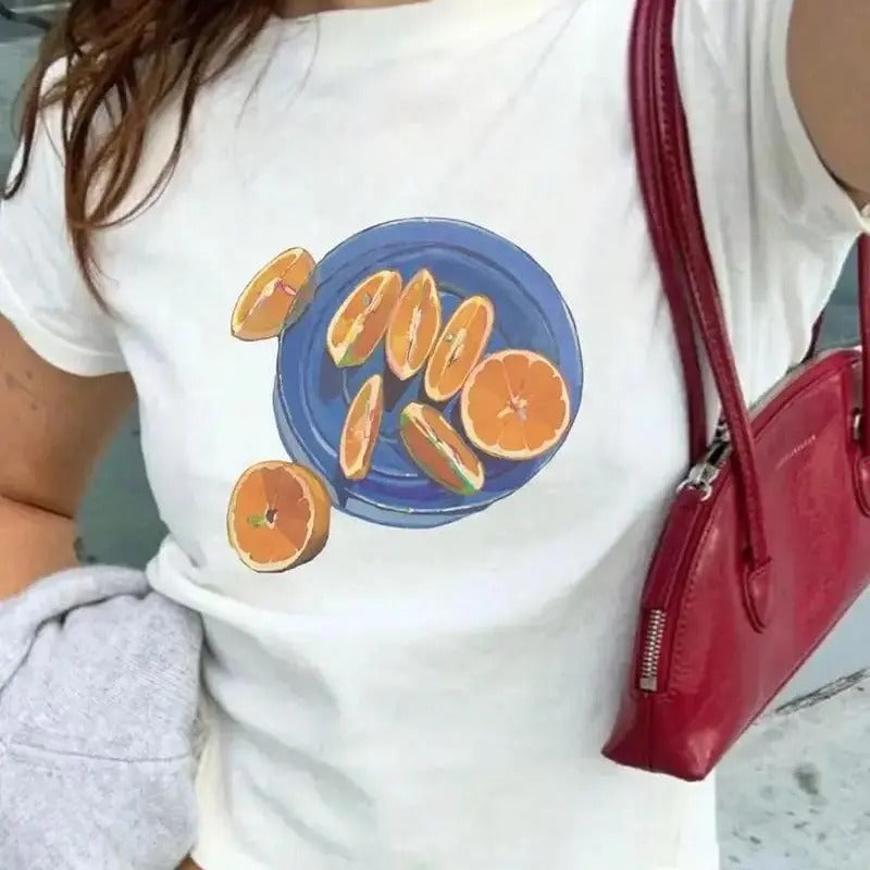 Chic Orange Graphic Crop Top for Women - Casual Short Sleeve, Round Neck T-Shirt with Stretchy Polyester Blend