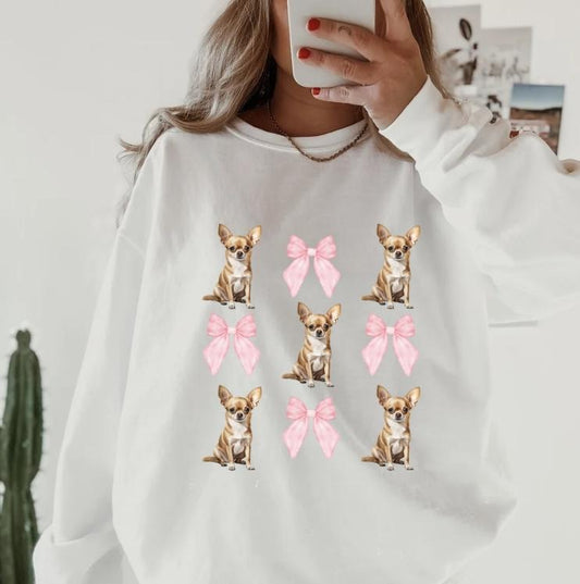 Chihuaha and Bows  Crewneck ~ Sweatshirt Unisex Apparel Relaxed Fit Printed in the USA Clothing Womenswear Casual and Comfortable
