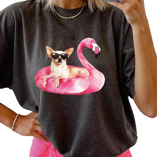 Chihuahua Flamingo Float Dog Shirt ~ Unisex Apparel Relaxed Fit Printed In The USA Clothing Womenswear Casual Comfort Cotton Top Athletic Boho Chic