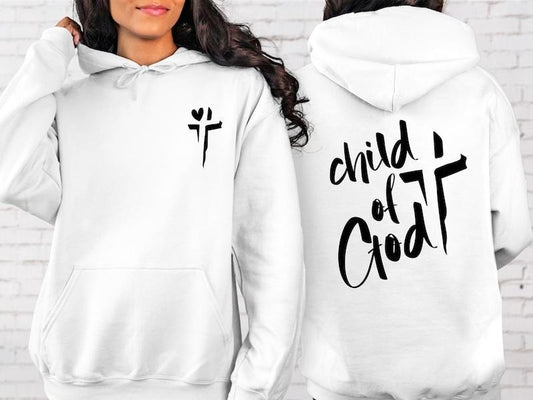 Child Of God Hoodie - White Graphic Crew Neck with Jesus Symbol & "Child of God" Text,  Cotton, All Seasons, Athletic Style - Polyester