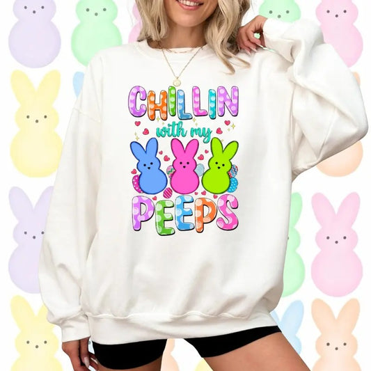Chillin' With My Peeps Sweatshirt, Cute Easter Bunny Hoodie, Funny Peeps Easter Shirt, Spring Pastel Crewneck, Blessed Easter Day Gift, Cozy Fleece Sweatshirt, Everyday Casual Comfort