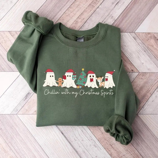 Chilling with My Christmas Spirits T-Shirt - Funny Christmas Ghosts Sweatshirt, Xmas Vibes Merry Christmas Clothing, Unisex Classic Cotton