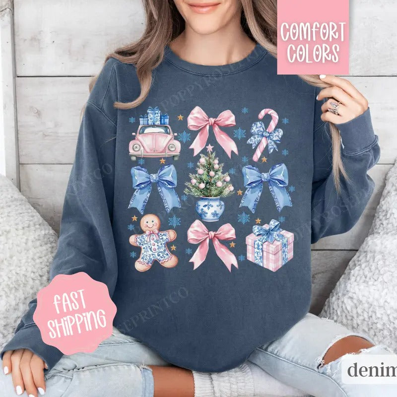 Chinoiserie Christmas Comfort Colors Sweatshirt,  Coquette Christmas Sweater Womenswear,  Holiday Crewneck