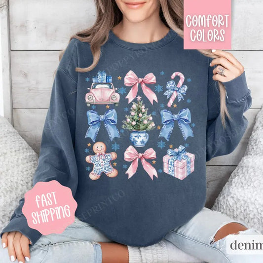 Chinoiserie Christmas Comfort Colors Sweatshirt,  Coquette Christmas Sweater Womenswear,  Holiday Crewneck