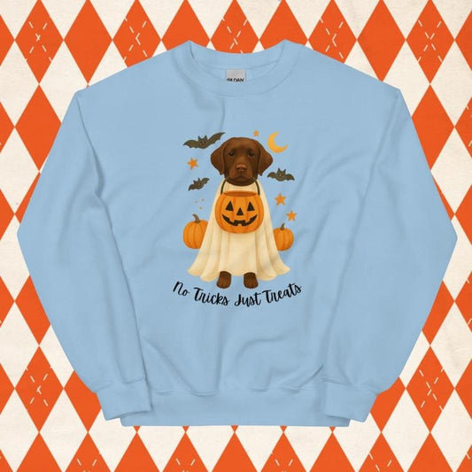 Chocolate Lab Halloween No Tricks Dogs Sweatshirt ~ Unisex Apparel Relaxed Fit Printed In The USA Clothing Womenswear Casual Comfort Cotton Top Athletic Boho Chic