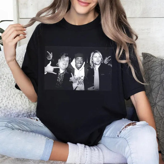 Chris Farley Tupac Shakur And Kurt Cobain Partying Unisex Men's Cotton Crew T-Shirt Vintage 90S Streetwear Hip Hop Best Seller 2Pac, Unisex Cotton Graphic Shirt, Gift For Men, Gift For Women All Size