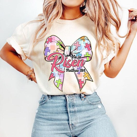 Christian Easter Coquette Bow, He is Risen, Retro Checkered Easter, Jesus Easter Cross, Easter Story Tshirt