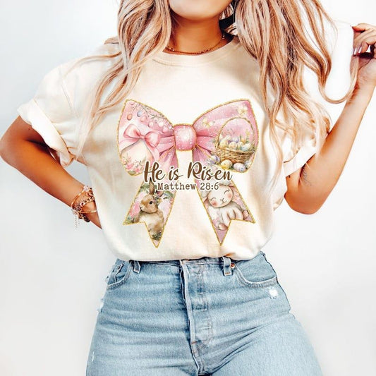 Christian Easter Coquette, He is Risen, Bunny, Retro Easter, Bible Verse Matthew 28:6 T-shirt