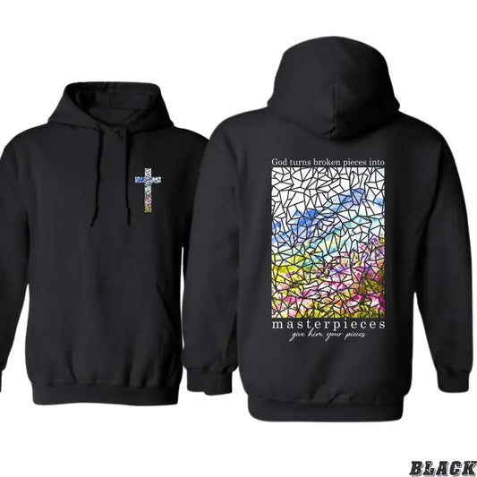 Christian Hoodie - God Turns Broken Pieces Into Masterpieces Design with Stained Glass Cross, Perfect for Spiritual Comfort and Faith, Unisex Hoodie for Inspiration and Healing Menswear Sweaters