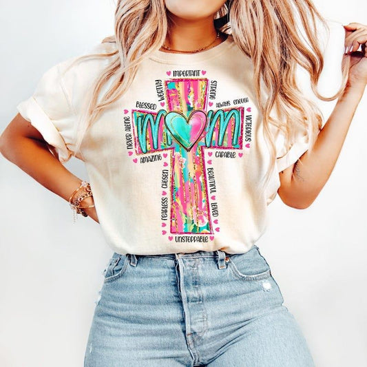 Christian Mama Tee, Strong Worthy Beautiful Loved Tshirt, Hand Drawn Cross Shirt, Watercolor, Mothers Day Png, Trendy Religious Faith T-Shirt