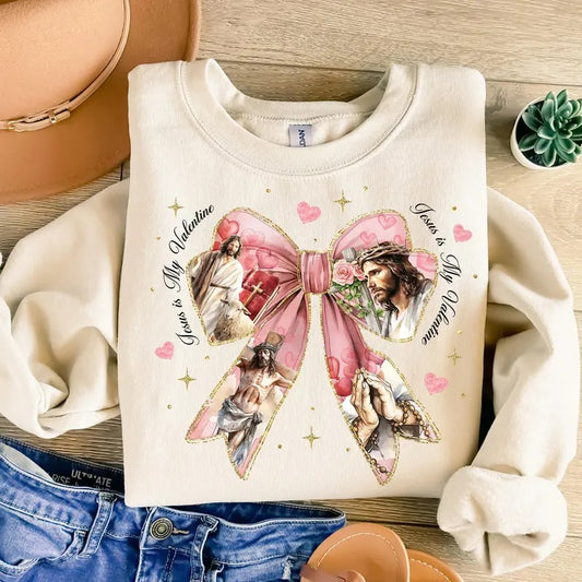 Christian Valentine Crewneck, Love Like Jesus Sweatshirt, Coquette Bow Sweater - Unisex Cotton T-Shirt - Fabric