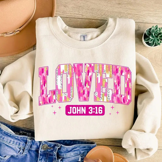 Christian Valentine Shirt, Loved John 3:16 Crewneck, Retro Pink Valentine's Day Sweatshirt