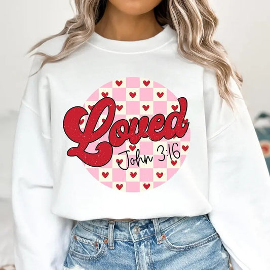 Christian Valentines Sweatshirt Loved John 316 , Retro Valentine , Pink Valentine Hearts , Bible Verse , Checkered Varsity