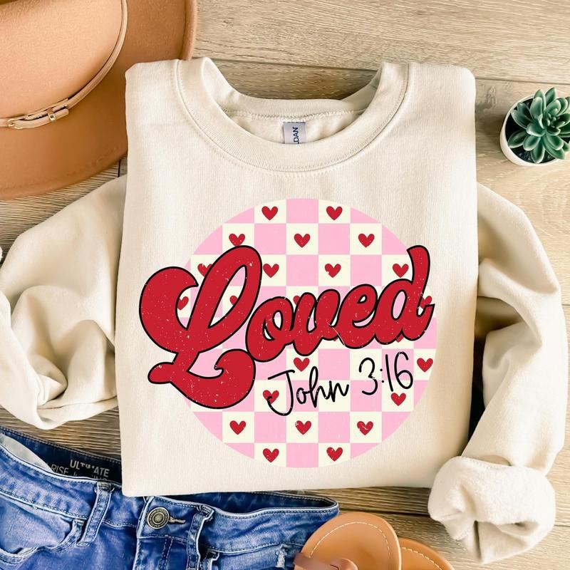 Christian Valentines Sweatshirt, Loved John 3:16 Sweatshirt, Retro Valentine Sweatshirt, Pink Valentine Hearts Sweatshirt, Bible Verse Sweatshirt, Checkered Varsity Sweatshirt