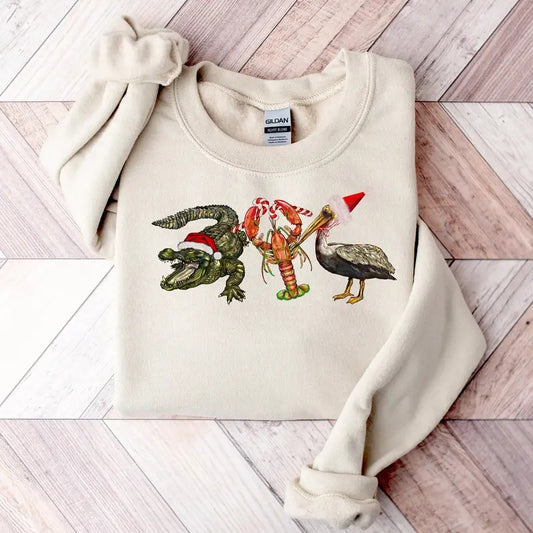 Christmas Alligator Pelican Crawfish Sweatshirt, Holiday Sweater, New Year Shirt, Funny Christmas Tee, Christmas Gift, Animal Lover Shirt Classic Cotton