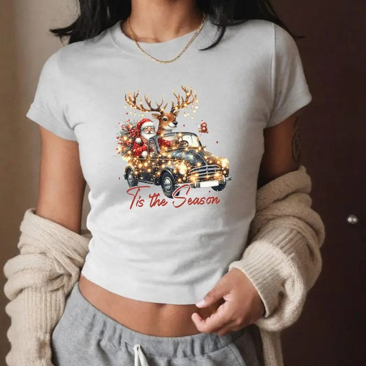Christmas Baby tee, Retro Chistmas Baby tee Women, Baby tee Christmas Shirt Casual Comfort