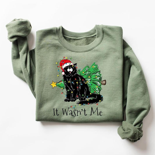 Christmas Black Cat Sweater, It Wasn't Me Shirt, Christmas Gift For Cat Lover, Xmas Holiday T-Shirt, Funny Black Cat Tee, Holiday Crewneck, Hoodie and Sweater; T-shirt