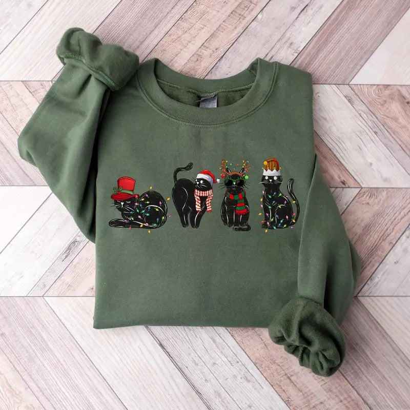 Christmas Black Cat Sweatshirt for Women, Unisex Fabric, Cute Cat Lover Gift - Pullover