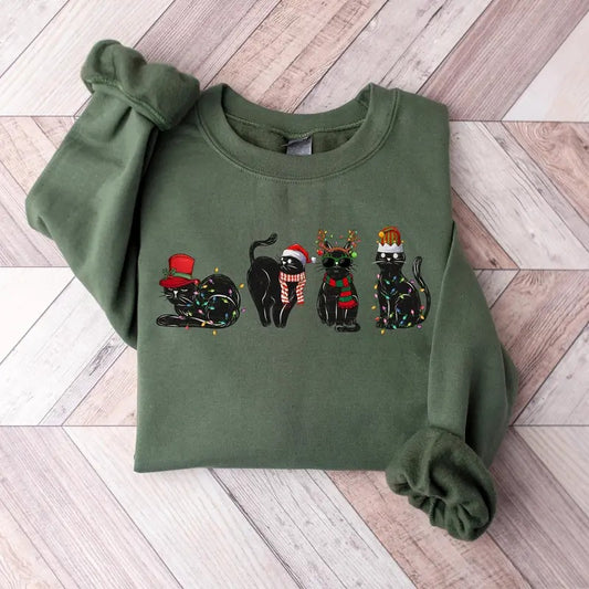 Christmas Black Cat Sweatshirt for Women, Unisex Fabric, Cute Cat Lover Gift - Pullover